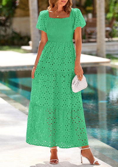 PRETTYGARDEN Dresses for Women Eyelet Square Neck Puff Sleeve Smocked Wedding Guest Maxi Dress with Pockets