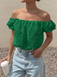 PRETTYGARDEN Women's Summer Off The Shoulder Tops Dressy Casual Puff Short Sleeve Embroidered Eyelet Cute Blouse Shirts PRETTYGARDEN