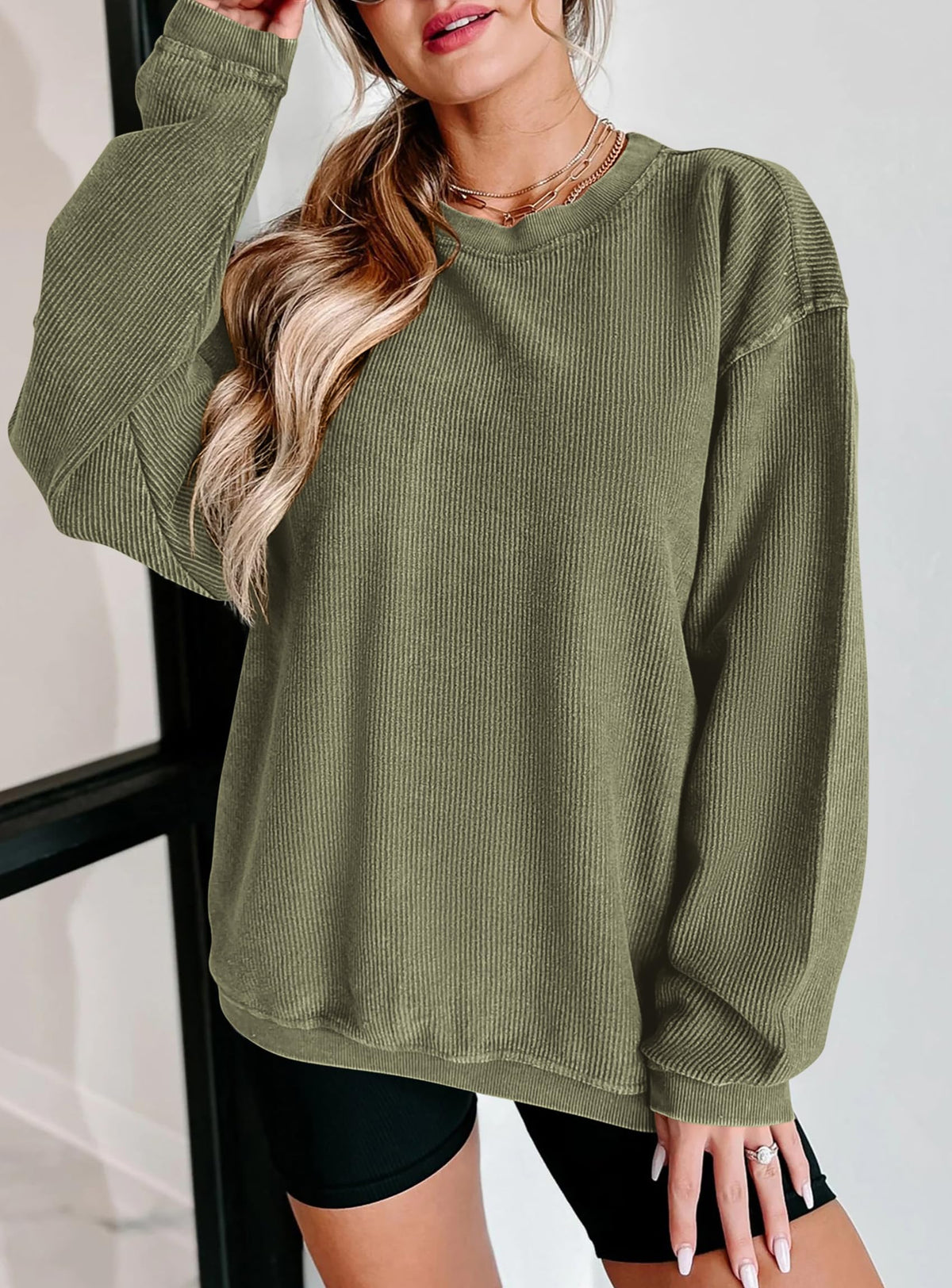 Women's Fall Oversized Sweatshirt Ribbed Corduroy Crewneck Long Sleeve Loose Fit Casual Going Out Pullover Tops