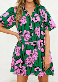 PRETTYGARDEN Womens Summer Dresses 2026 Casual Puff Sleeve Button Down Mini Shirt Dress Boho Floral Babydoll Sun Dress PRETTYGARDEN