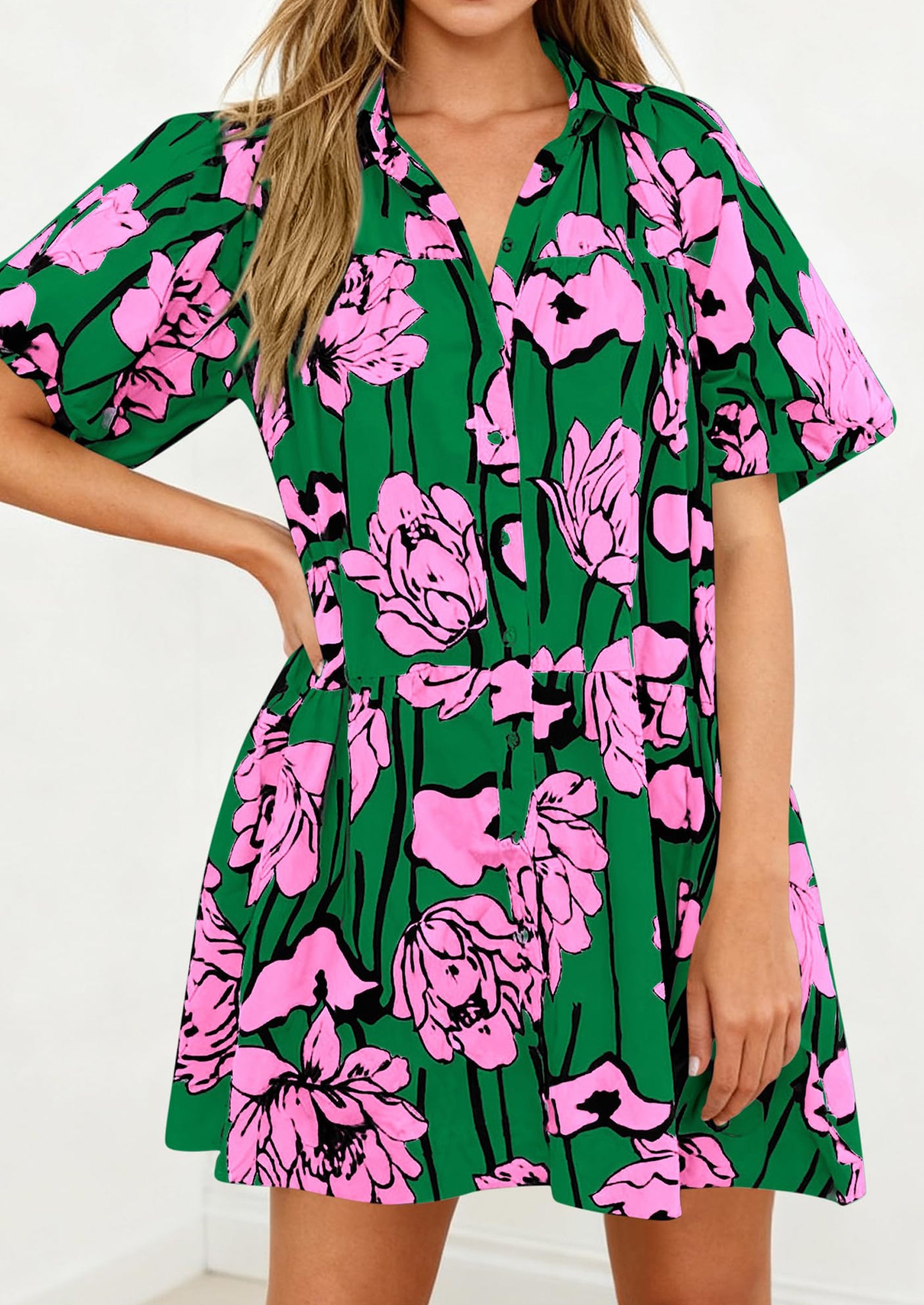 PRETTYGARDEN Womens Summer Dresses 2026 Casual Puff Sleeve Button Down Mini Shirt Dress Boho Floral Babydoll Sun Dress PRETTYGARDEN