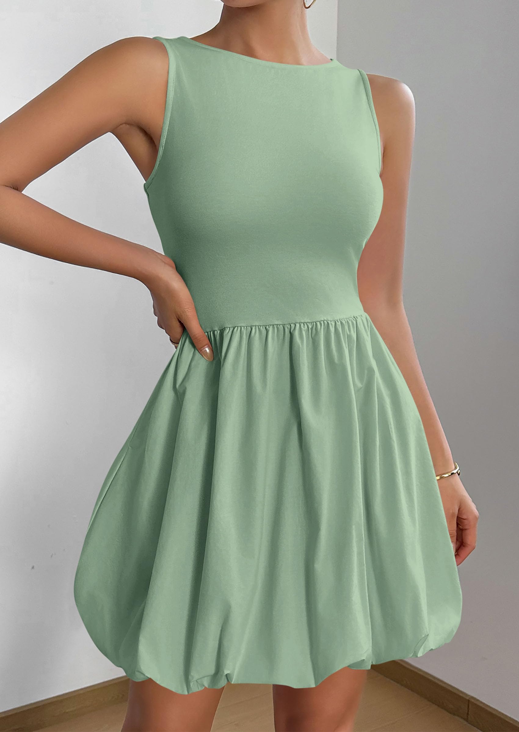 PRETTYGARDEN Summer Dresses for Women Casual Sleeveless Tank Mini Short Dress Crew Neck Bubble Sundress with Pockets