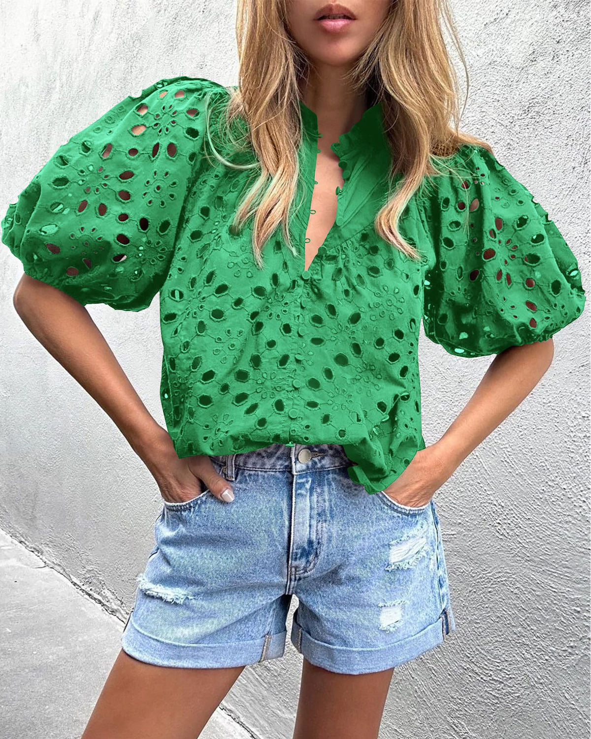 Casual Short Lantern Sleeve V Neck Buttons Hollow Out Lace Embroidered Blouses