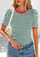 Women's Summer Puff Sleeve Casual Ribbed Knit Color Block Trendy Striped Pullover T-shirts