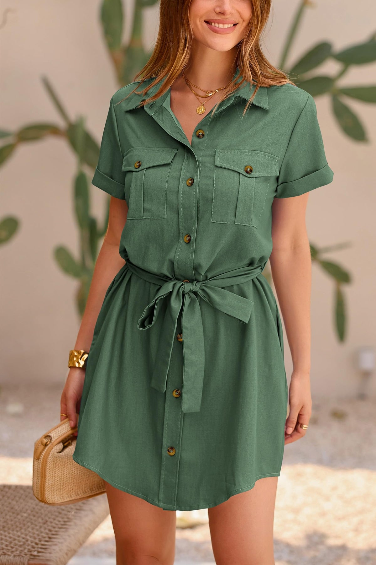 Casual Summer Short Sleeve Button Down V Neck Collared Belted Pocket Dresses