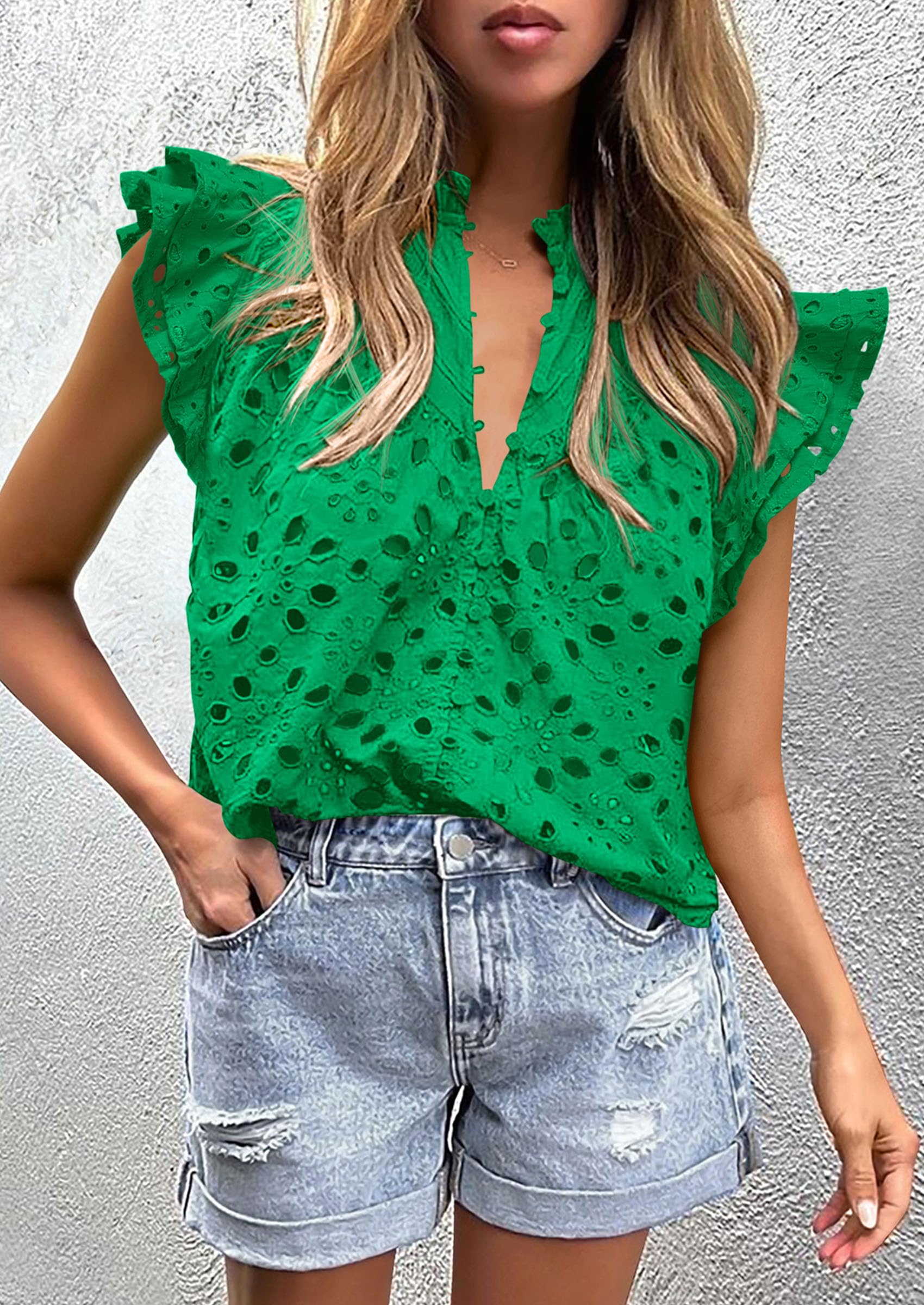 PRETTYGARDEN Womens Summer Tops 2025 Dressy Casual Ruffle Cap Sleeve Button V Neck Embroidered Eyelet Blouses Shirts