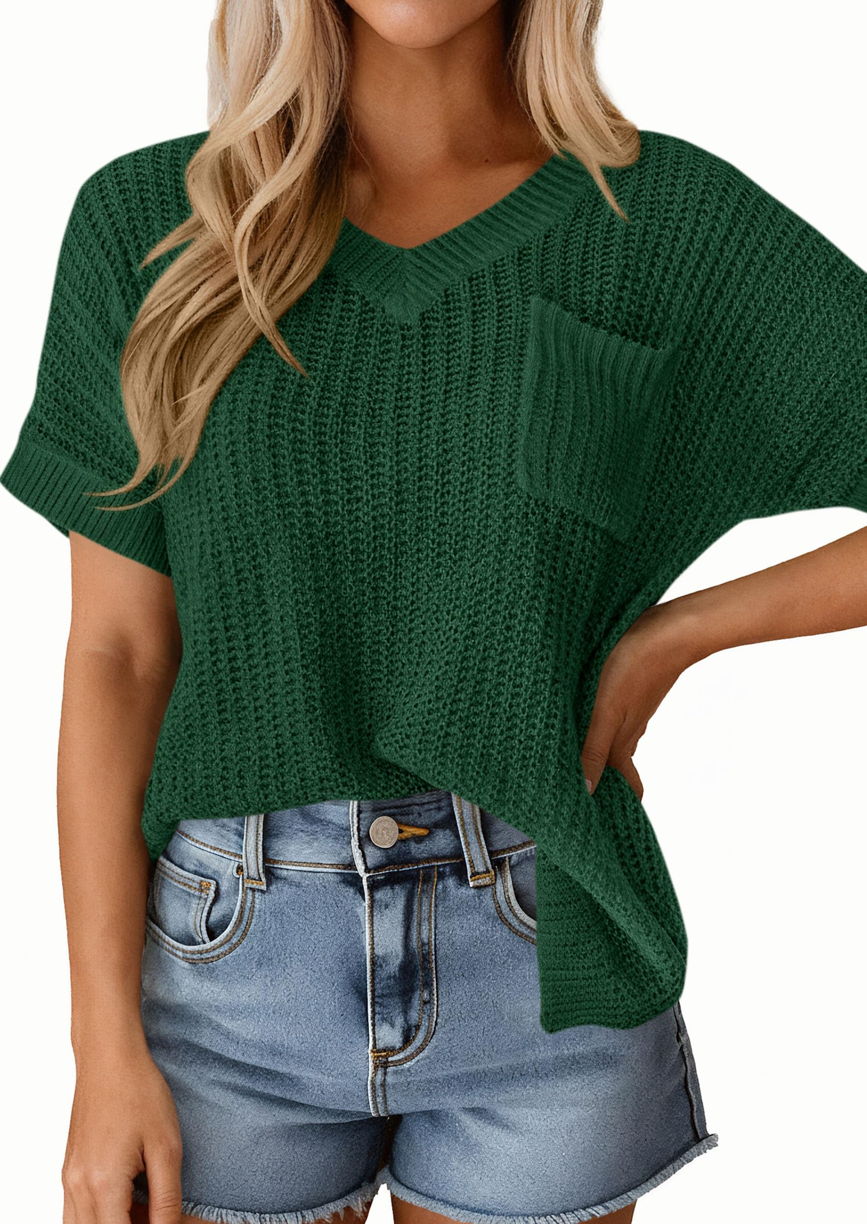 PRETTYGARDEN Women's Spring Short Sleeve Sweaters Lightweight V Neck Casual Going Out Summer T PRETTYGARDEN