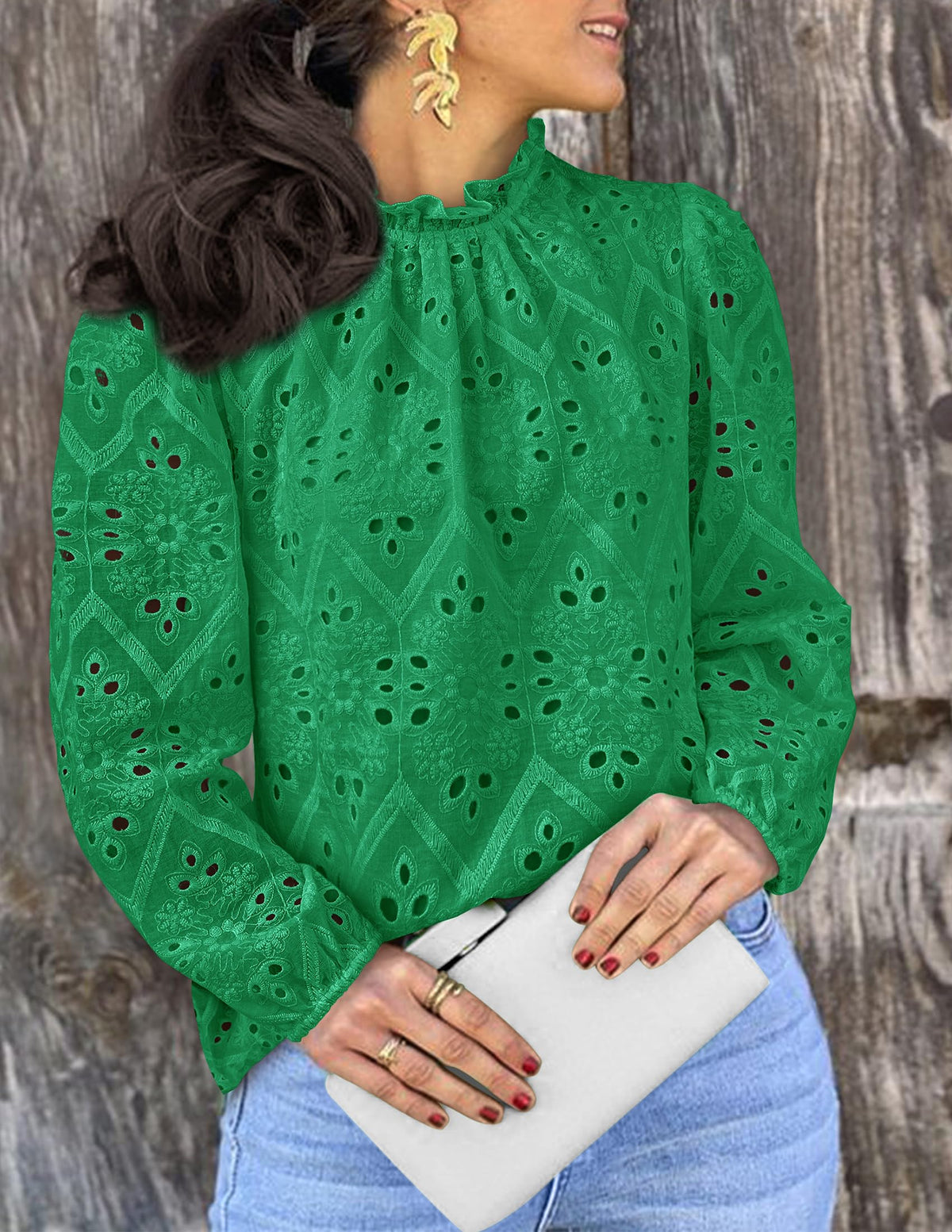 Womens Blouses Dressy Casual Embroidered Long Puff Sleeve Shirts Ruffle Eyelet Lace Top Fall Clothes