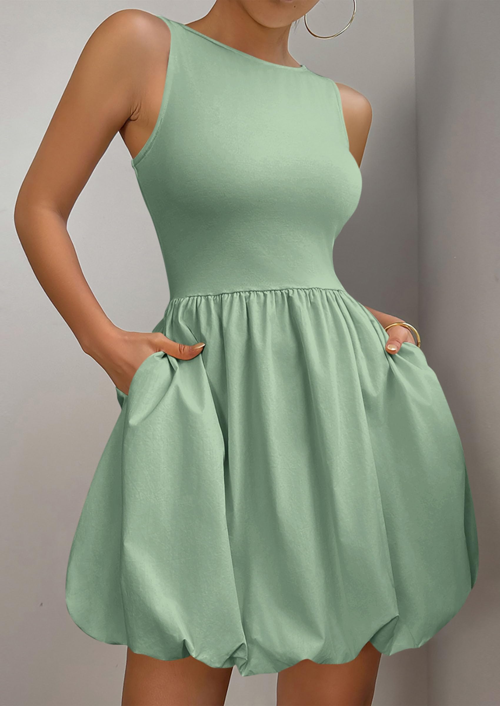 PRETTYGARDEN Summer Dresses for Women Casual Sleeveless Tank Mini Short Dress Crew Neck Bubble Sundress with Pockets