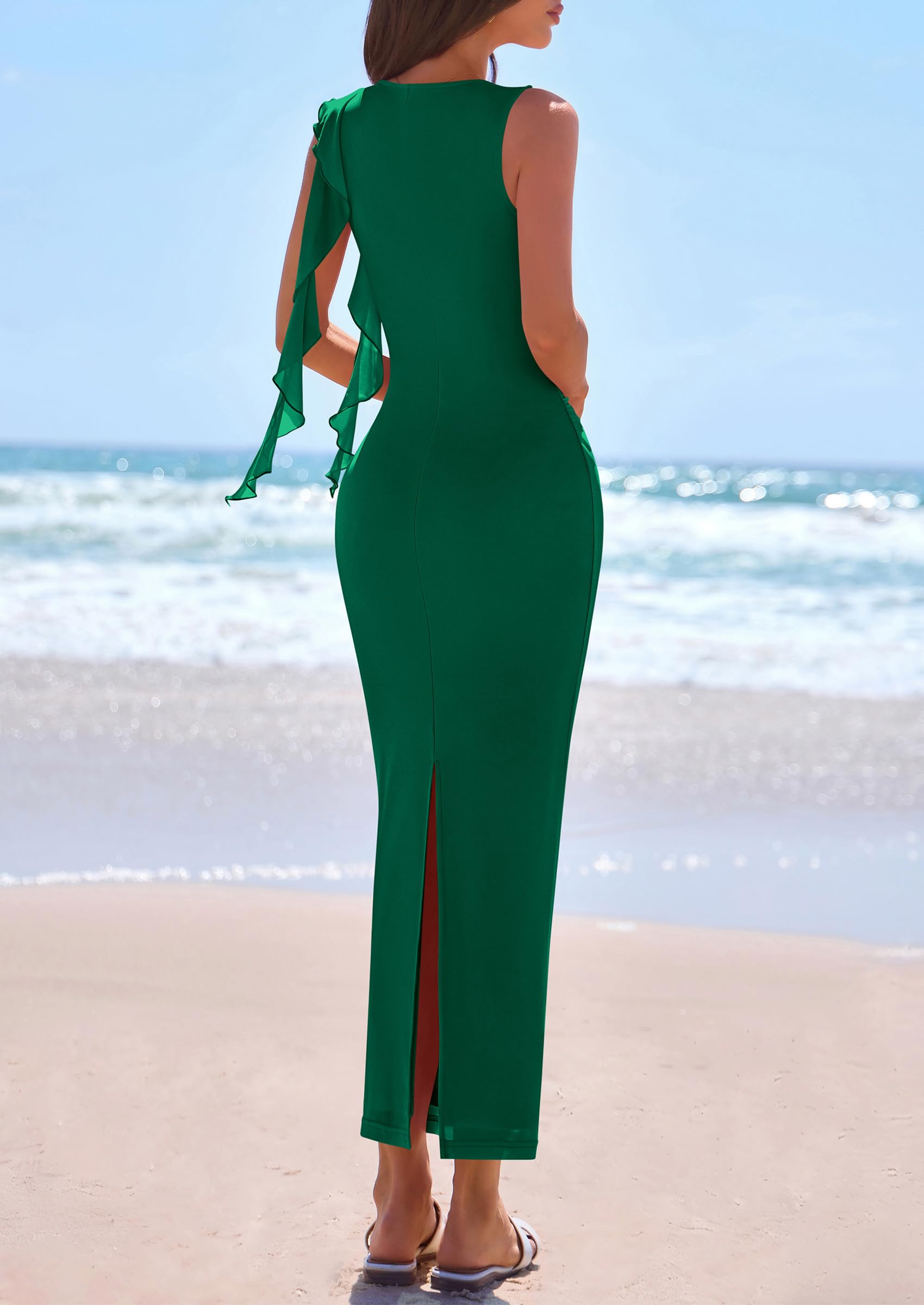 PRETTYGARDEN Women's Summer Maxi Dresses Sleeveless Ruffle Formal Wedding Guest Cocktail Mesh Bodycon Split Long Dress PRETTYGARDEN