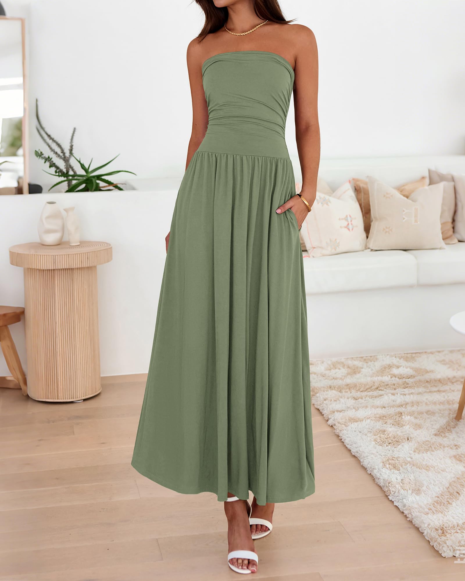 BTFBM Summer Maxi Dresses for Women Strapless Ruched Tube Top Beach Vacation Spring Wedding Guest Dress Pockets PRETTYGARDEN