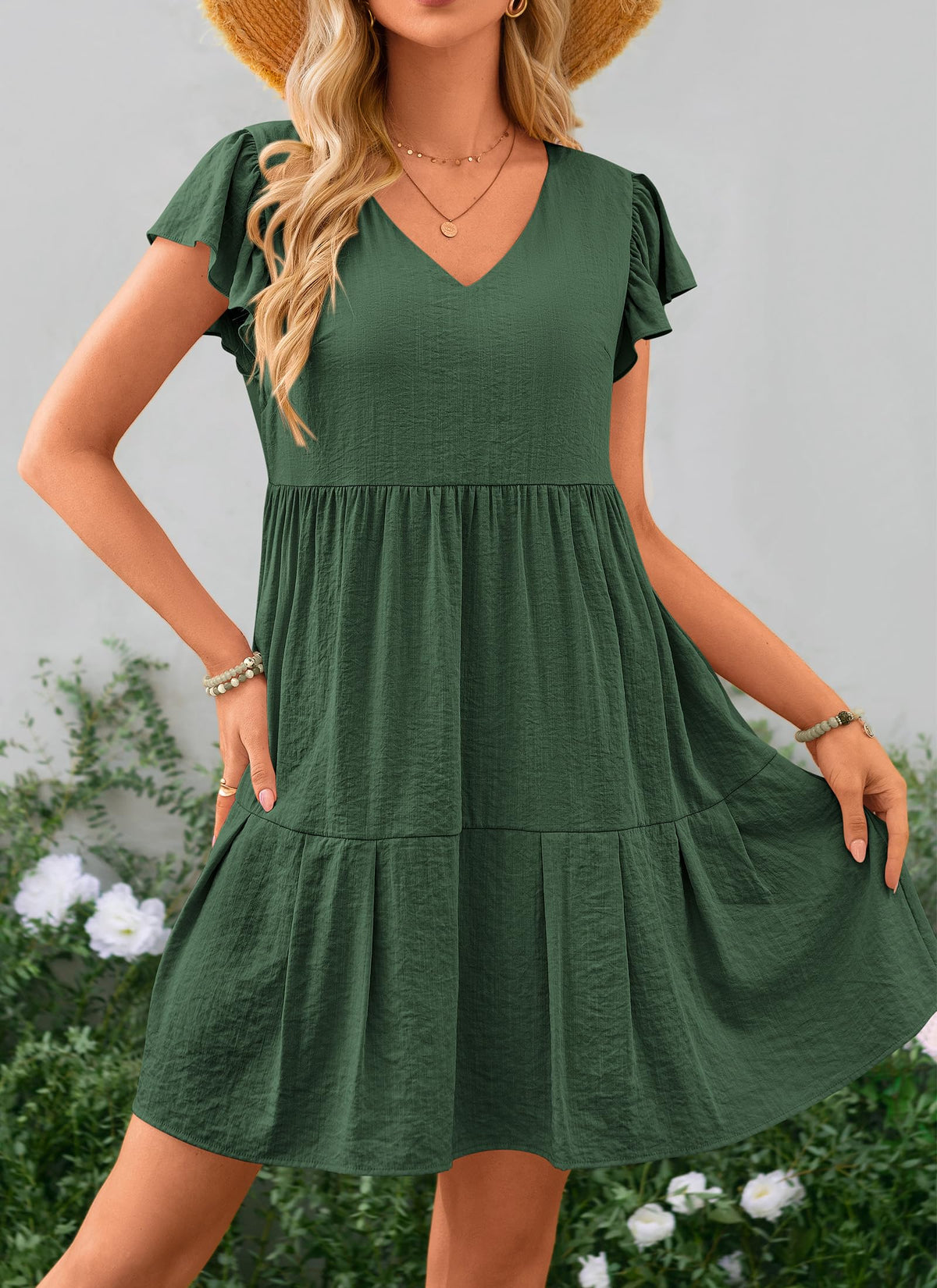 Summer Casual Cap Sleeve V Neck Tiered Ruffle Swing A Line Dresses