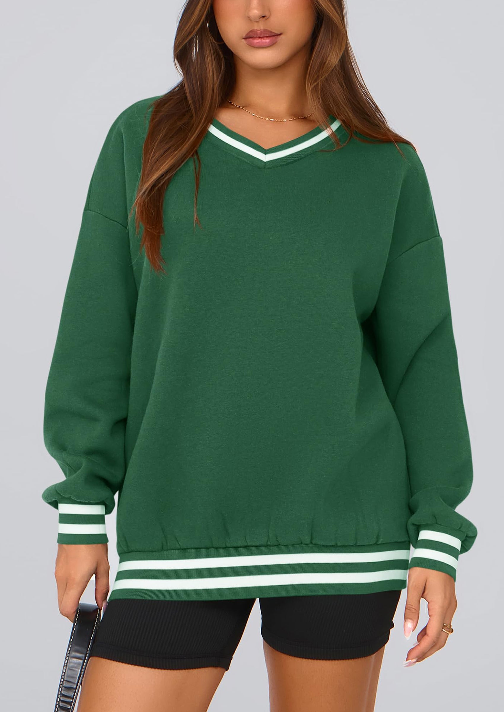 PRETTYGARDEN Women's Oversized Sweatshirts Casual Long Sleeve Stripes Knit V Neck Pullover Top Fall Teens Preppy Clothes