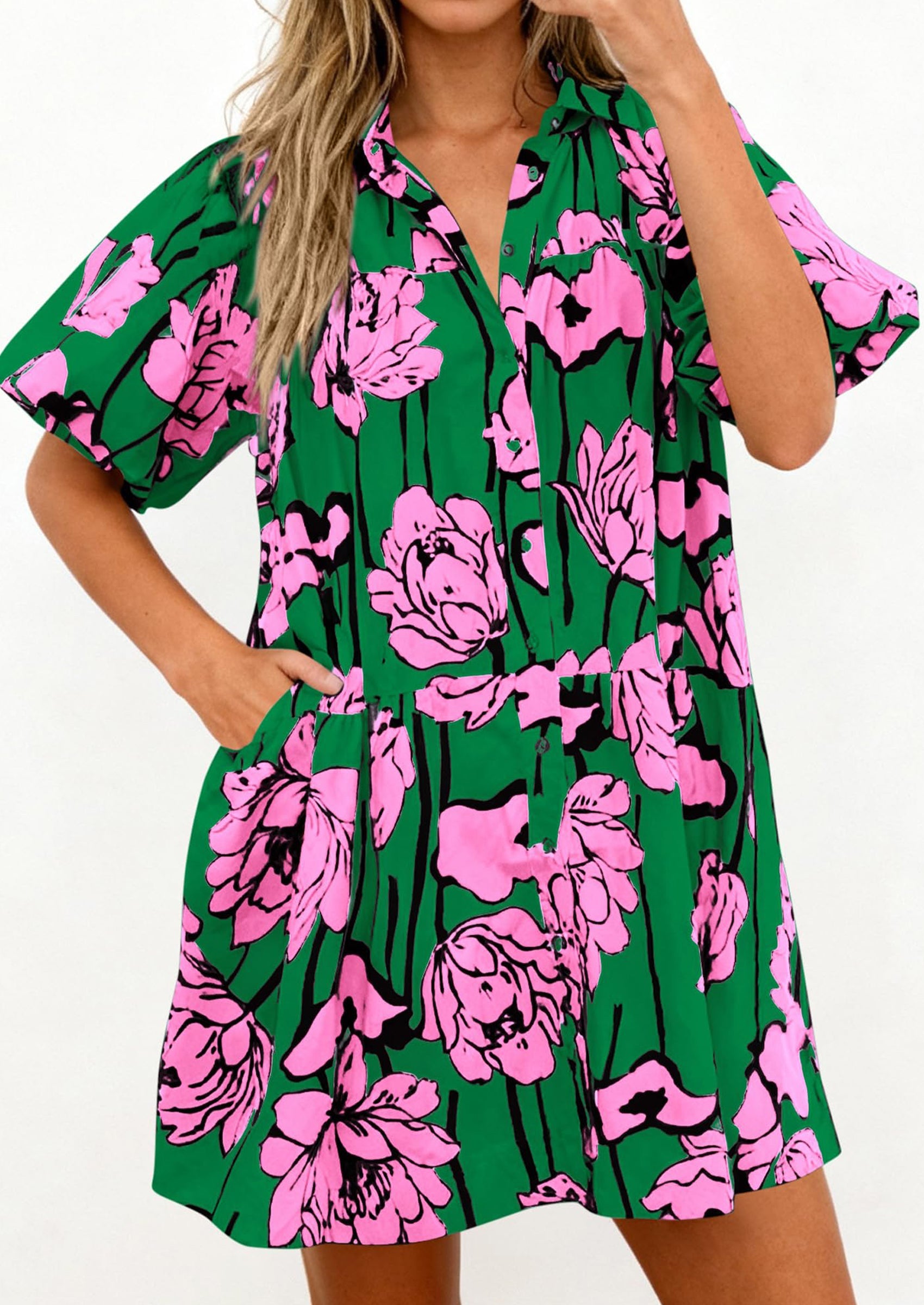 PRETTYGARDEN Womens Summer Dresses 2026 Casual Puff Sleeve Button Down Mini Shirt Dress Boho Floral Babydoll Sun Dress PRETTYGARDEN