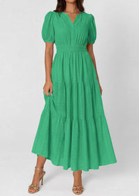 PRETTYGARDEN Womens Summer Maxi Dresses Casual Puff Sleeve V Neck Smocked Flowy Eyelet Cotton Dress Spring Sundress PRETTYGARDEN