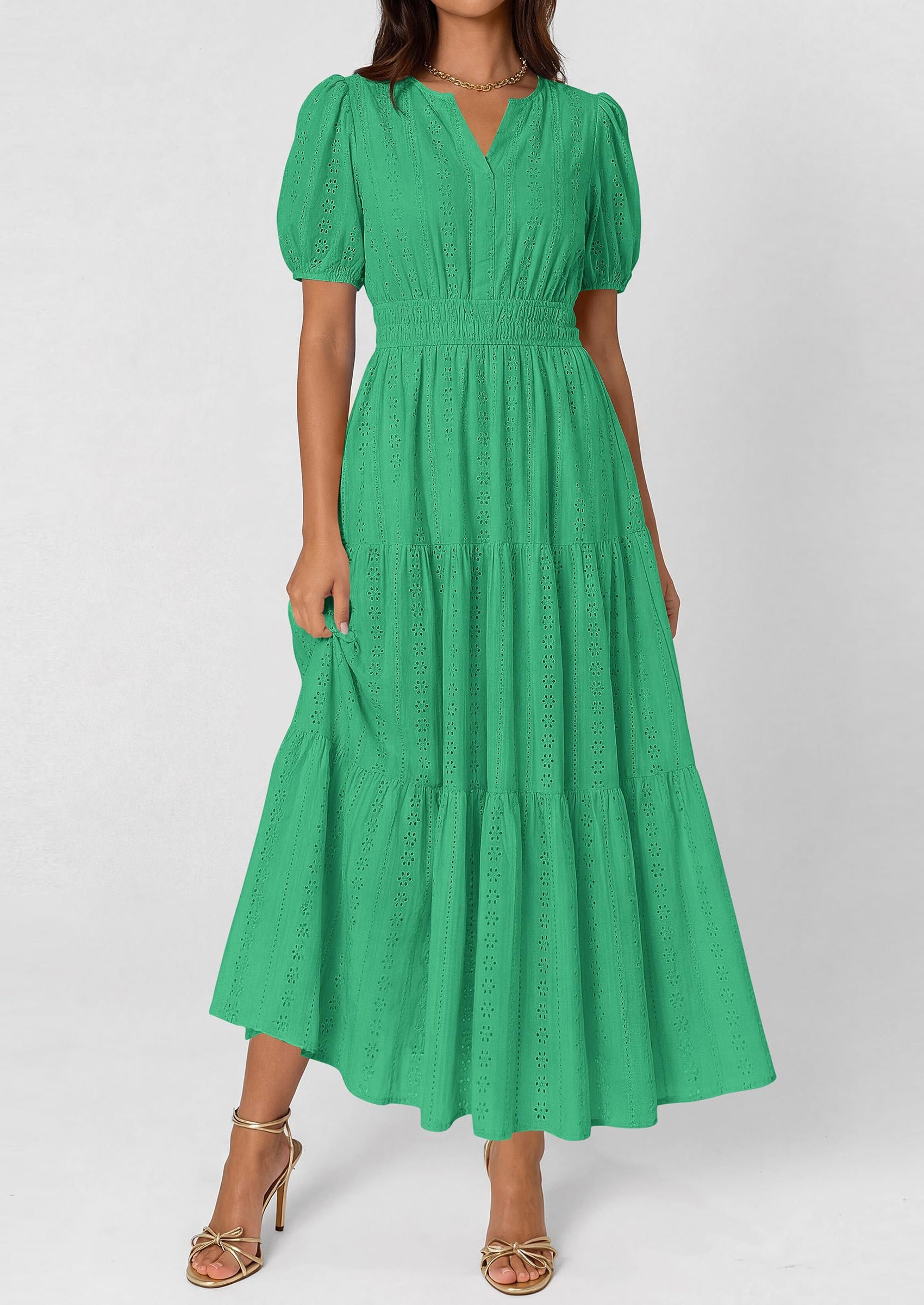 PRETTYGARDEN Womens Summer Maxi Dresses Casual Puff Sleeve V Neck Smocked Flowy Eyelet Cotton Dress Spring Sundress PRETTYGARDEN