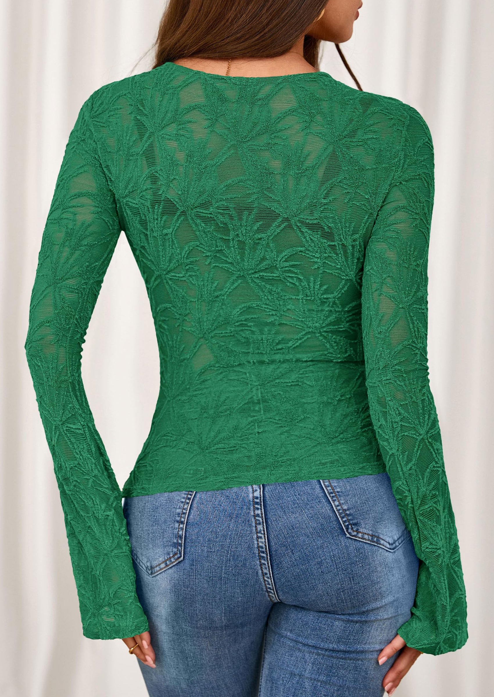 PRETTYGARDEN Womens Lace Long Bell Sleeve Tops Fall Sexy See Through Sheer Floral Blouse Shirt Fitted Going Out Outfits