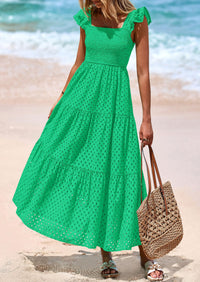 PRETTYGARDEN Womens Square Neck Maxi Dresses Cap Sleeve Eyelet Smocked Tiered A Line Flowy Long Dress with Pockets