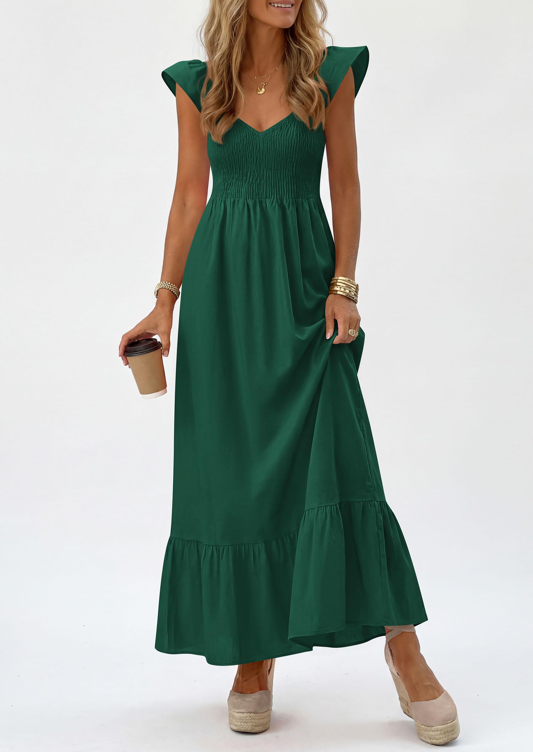 PRETTYGARDEN Women's Summer Casual Maxi Dresses Cap Sleeve V Neck Smocked Long Pockets Party Sundress Vacation Outfits PRETTYGARDEN