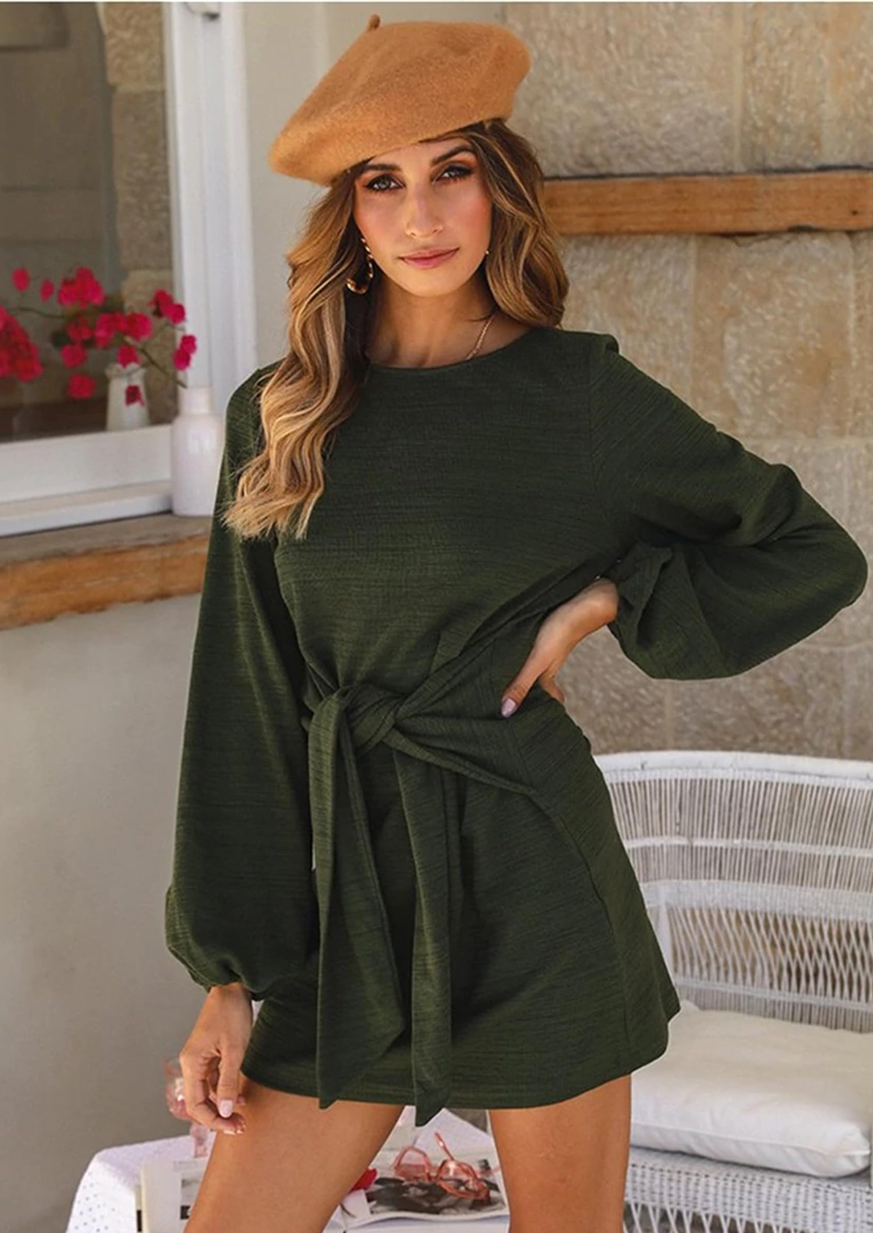 PRETTYGARDEN Womens Fall Elegant Long Lantern Sleeve Short Dress Wedding Guest Crewneck Tie Waist Knit Cocktail Dresses PRETTYGARDEN