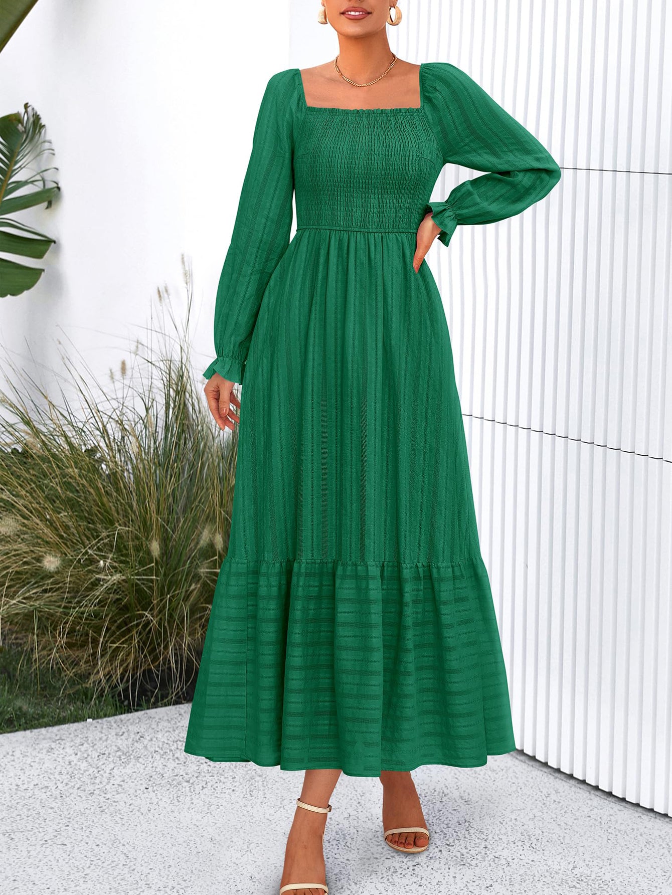 BTFBM Women Maxi Fall Dresses Long Sleeve Solid Color Square Neck Smocked Boho Long Wedding Guest Dress