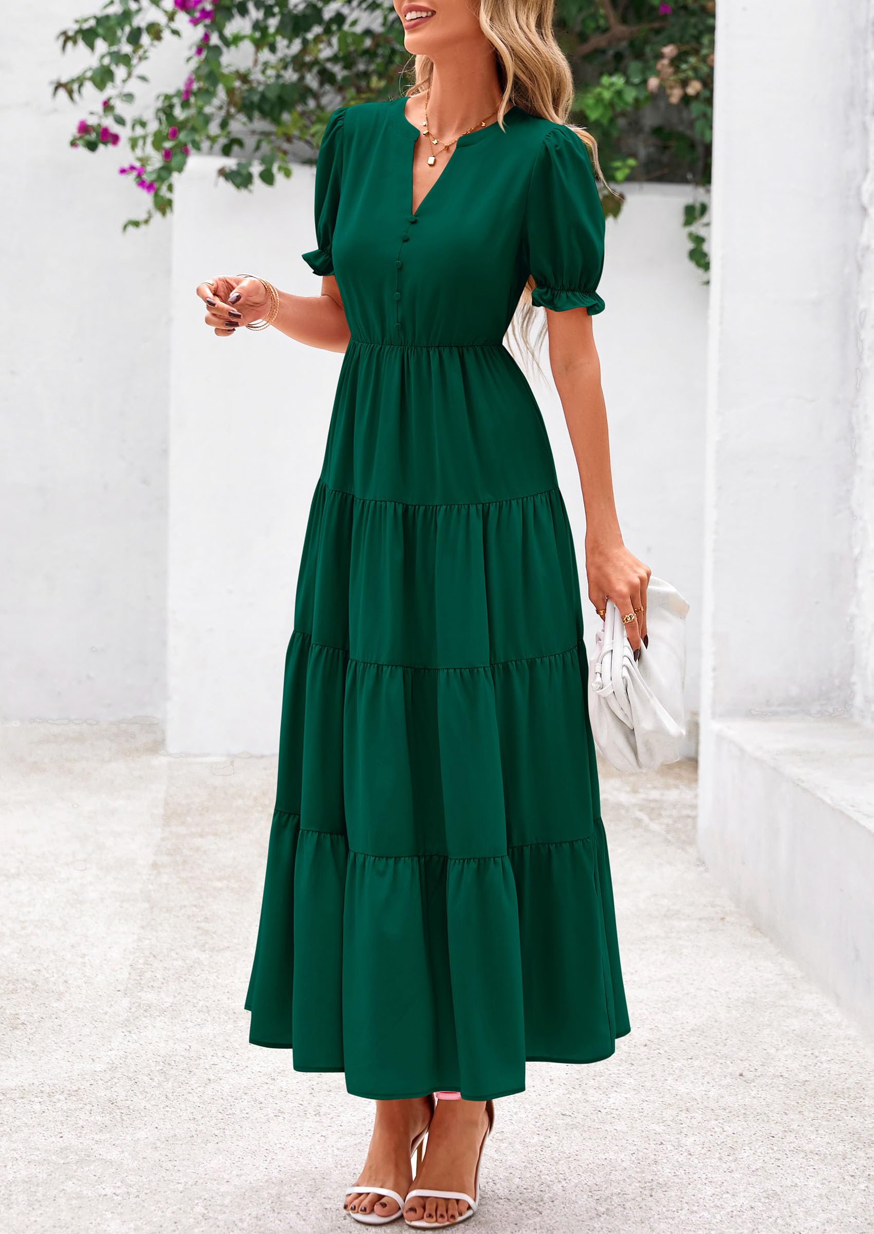 PRETTYGARDEN Women's Casual Short Sleeve V Neck Midi Dresses Spring A-line Tiered Wedding Guest Dress