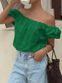 PRETTYGARDEN Women's Summer Off The Shoulder Tops Dressy Casual Puff Short Sleeve Embroidered Eyelet Cute Blouse Shirts PRETTYGARDEN