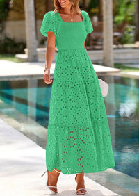 PRETTYGARDEN Dresses for Women Eyelet Square Neck Puff Sleeve Smocked Wedding Guest Maxi Dress with Pockets