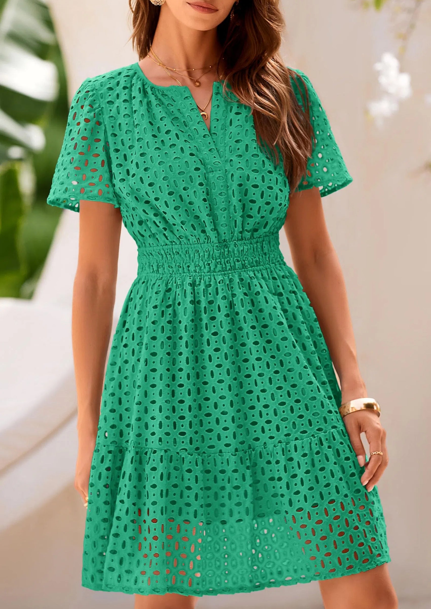 PRETTYGARDEN Women Summer Short Dress V Neck Short Sleeve A Line Hollow Out Lace Ruffle Cute Casual Beach Party Dresses