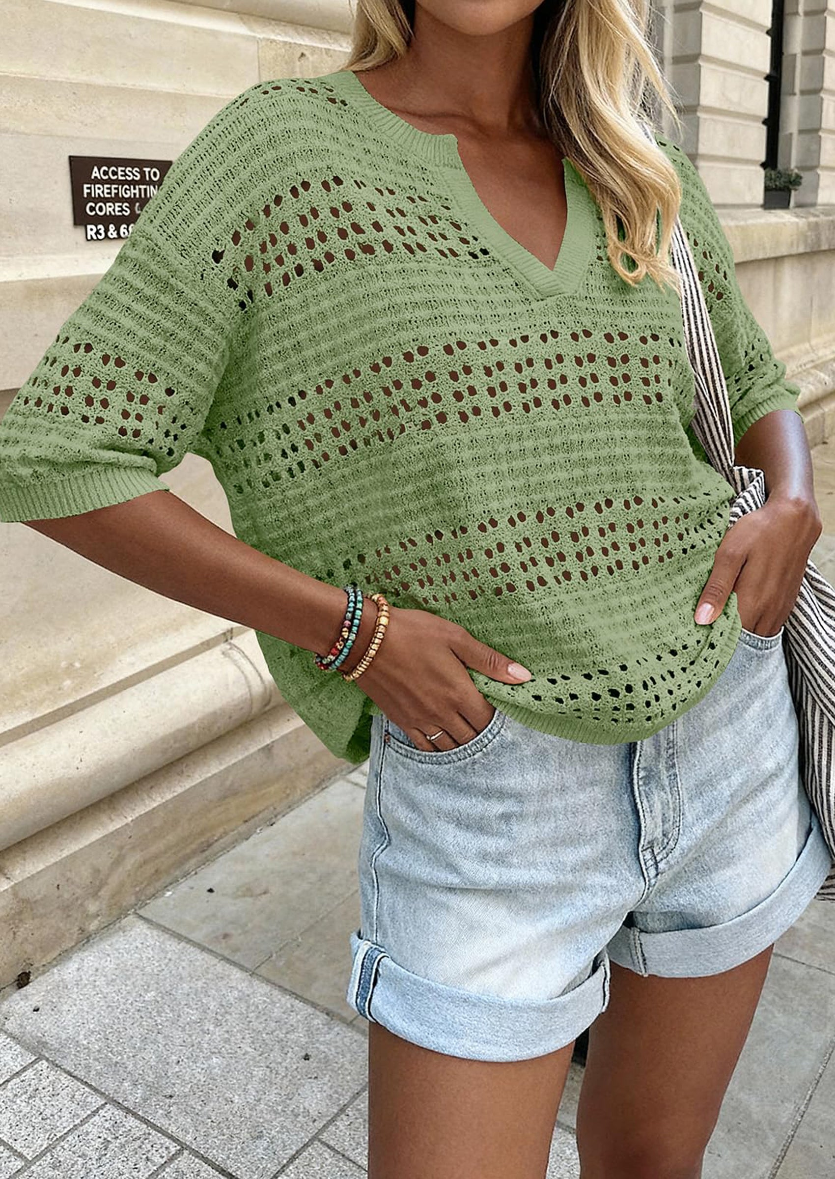 PRETTYGARDEN Womens Crochet Tops Casual Cotton Hollow Out Knit Short Sleeve Oversized Sweater for Women Summer Beach Cover Up PRETTYGARDEN