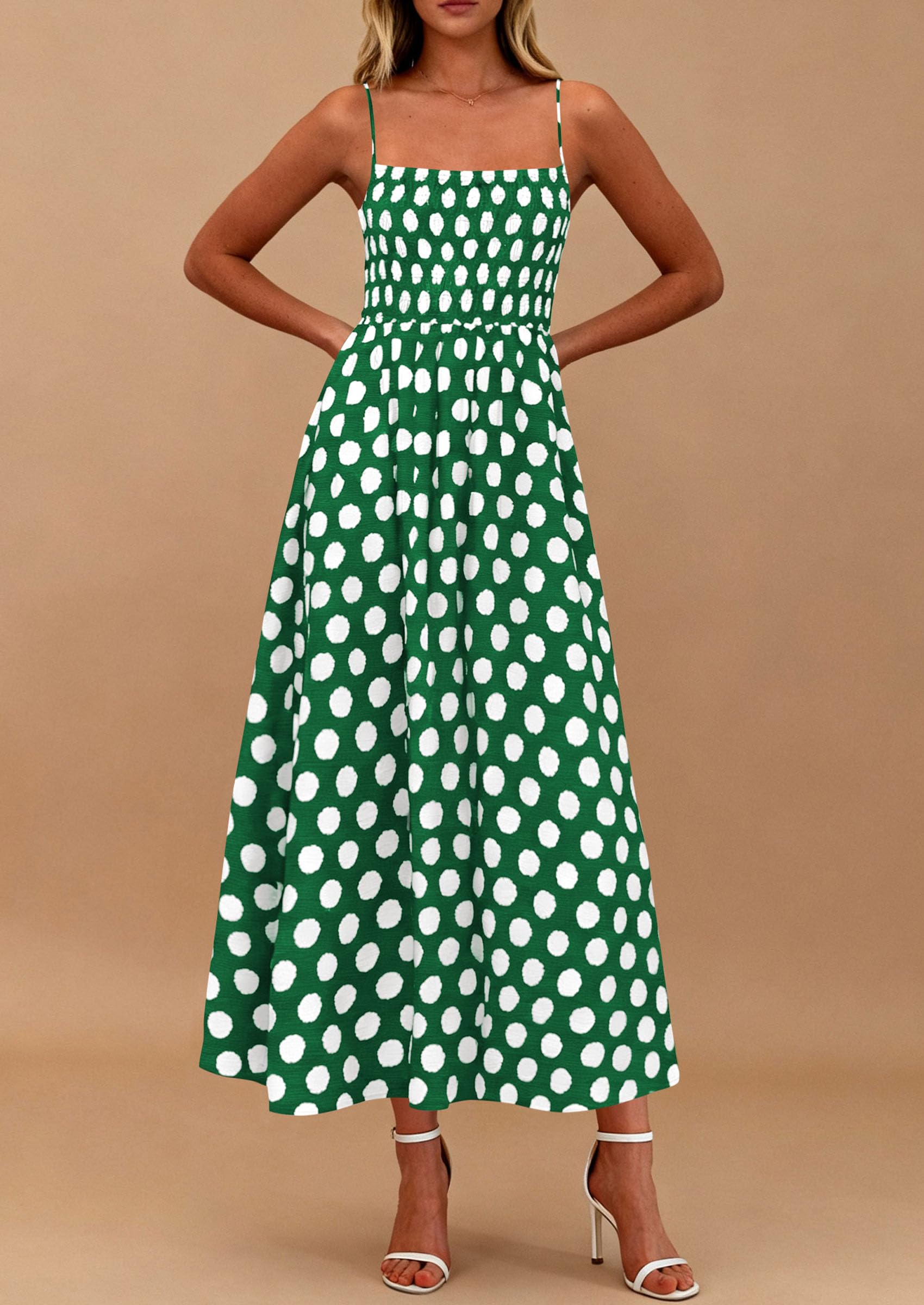 PRETTYGARDEN Womens Summer Dresses Spring Sleeveless Spaghetti Straps Casual Midi Dress Polka Dot Smocked Beach Sundress PRETTYGARDEN