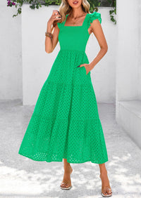 Womens Summer Square Neck Maxi Dresses Cap Sleeve Eyelet Smocked Tiered A Line Flowy Long Dress with Pockets