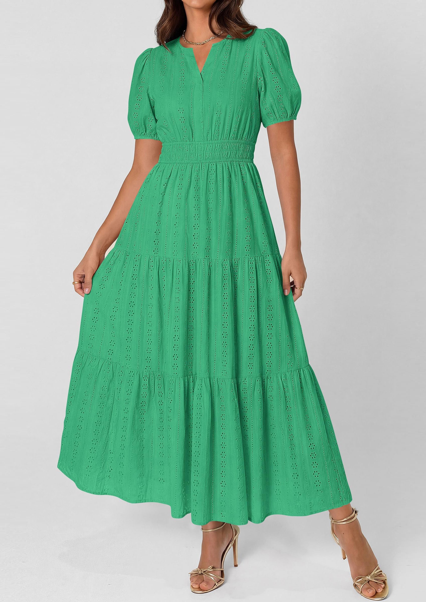 PRETTYGARDEN Womens Summer Maxi Dresses Casual Puff Sleeve V Neck Smocked Flowy Eyelet Cotton Dress Spring Sundress PRETTYGARDEN