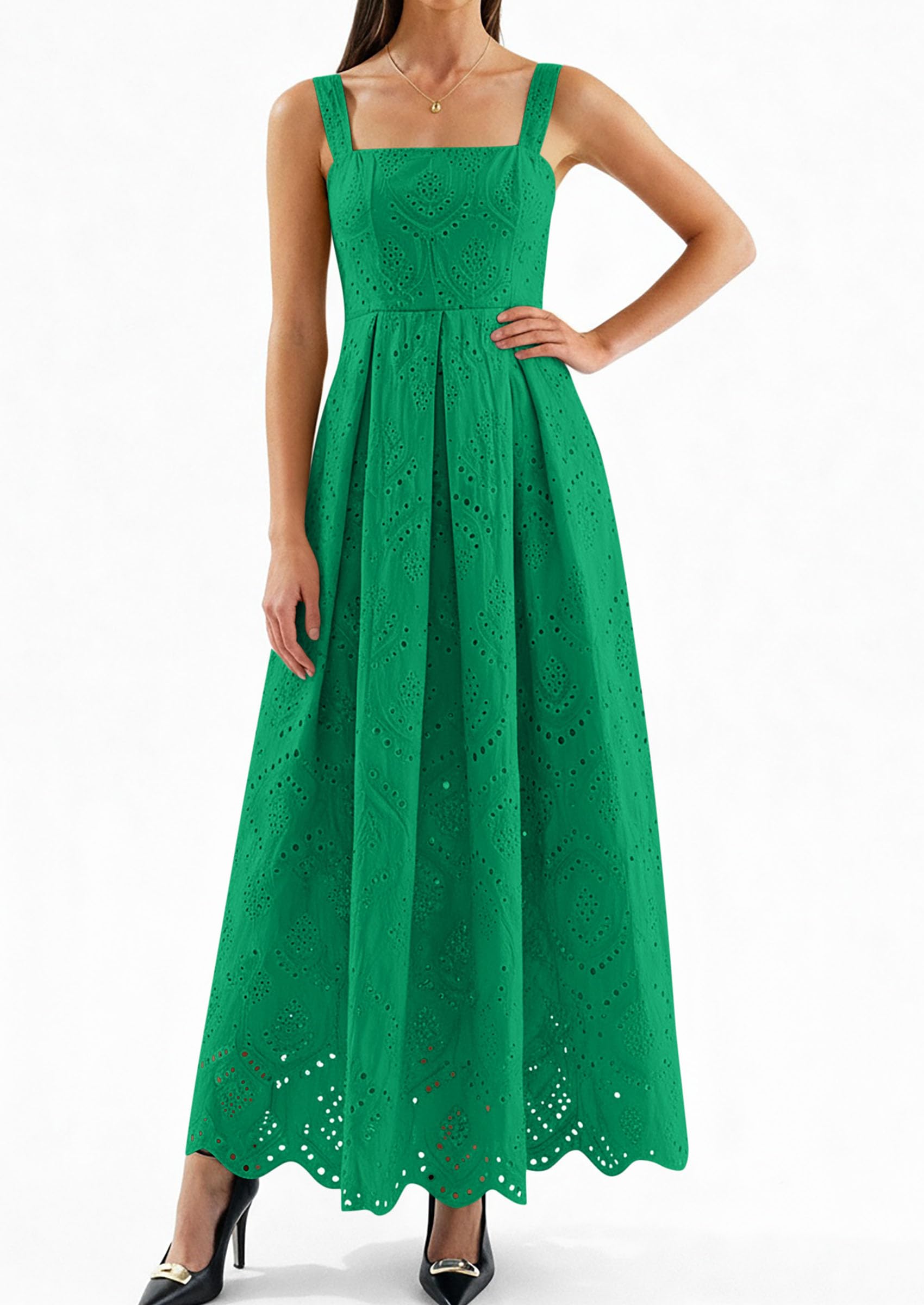 PRETTYGARDEN Womens Sleeveless Maxi Summer Dresses Hollow Out Eyelet Square Neck Ruffle Flowy Beach Vacation Sundress PRETTYGARDEN