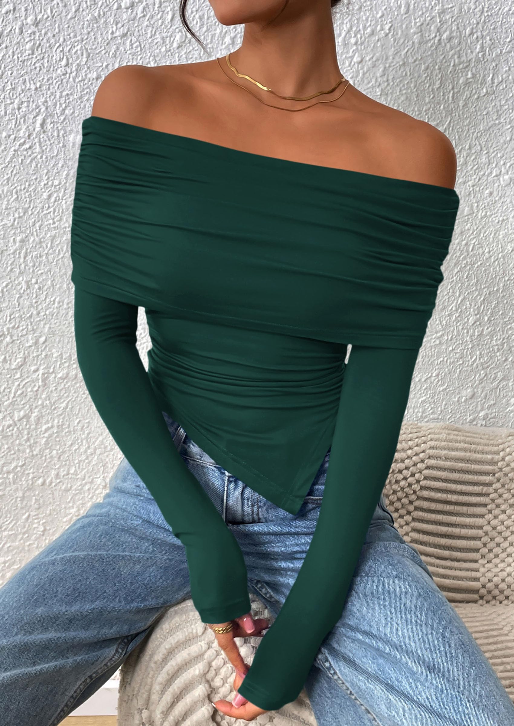 PRETTYGARDEN Women's Long Sleeve Shirts Off Shoulder Tops Going Out Slim Fitted Y2K Blouses Fall Fashion Clothes