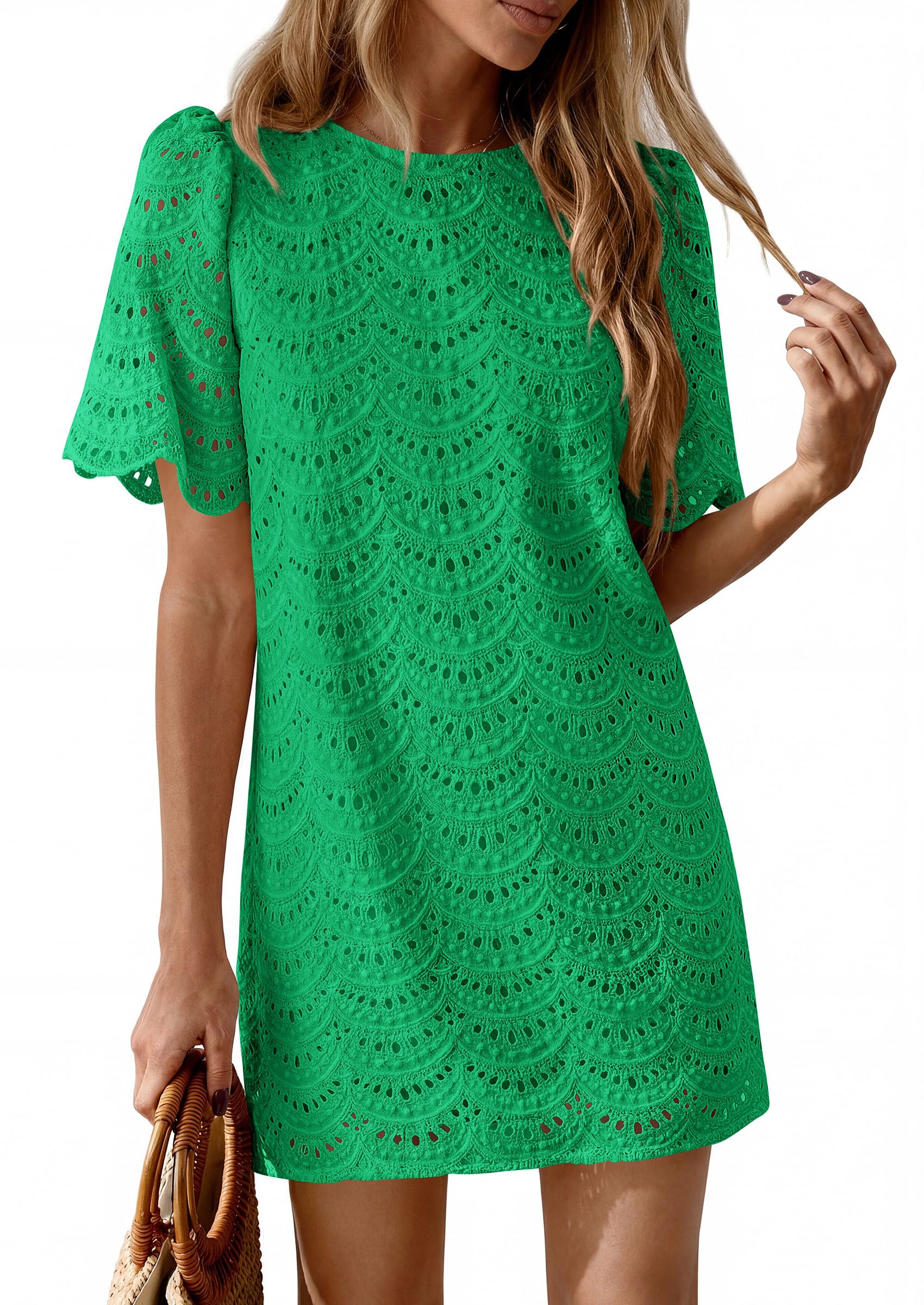 PRETTYGARDEN Women's Summer Casual Short Dresses Embroidered Lace Short Sleeve Boho Mini Dress Beach Vacation Clothes PRETTYGARDEN