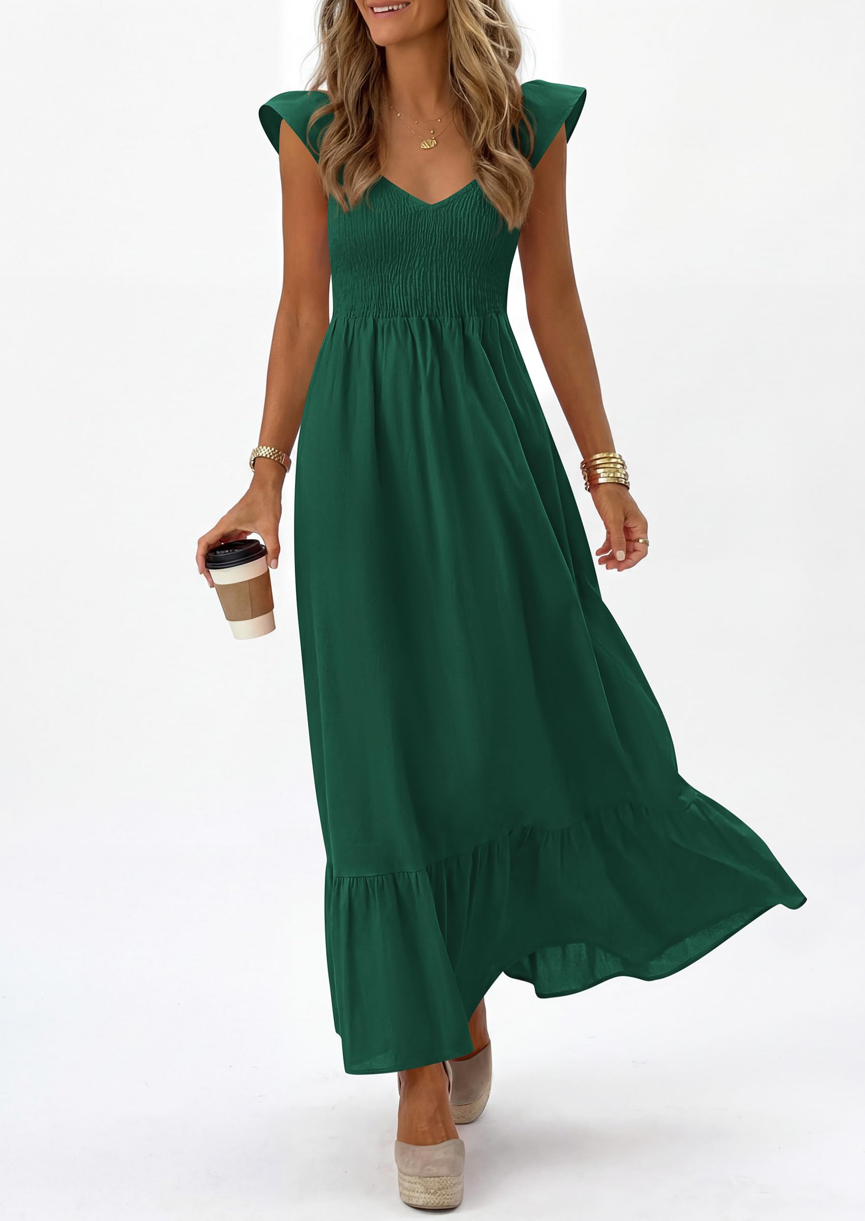 PRETTYGARDEN Women's Summer Casual Maxi Dresses Cap Sleeve V Neck Smocked Long Pockets Party Sundress Vacation Outfits PRETTYGARDEN