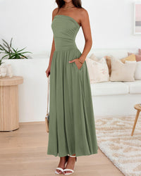 BTFBM Summer Maxi Dresses for Women Strapless Ruched Tube Top Beach Vacation Spring Wedding Guest Dress Pockets PRETTYGARDEN