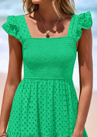 PRETTYGARDEN Womens Square Neck Maxi Dresses Cap Sleeve Eyelet Smocked Tiered A Line Flowy Long Dress with Pockets