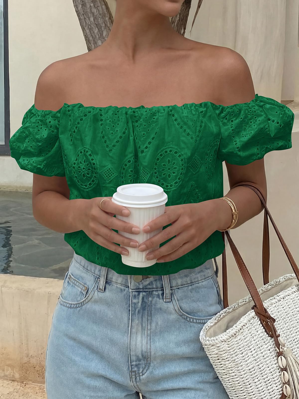 PRETTYGARDEN Women's Summer Off The Shoulder Tops Dressy Casual Puff Short Sleeve Embroidered Eyelet Cute Blouse Shirts PRETTYGARDEN