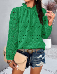 Womens Blouses Dressy Casual Embroidered Long Puff Sleeve Shirts Ruffle Eyelet Lace Top Fall Clothes