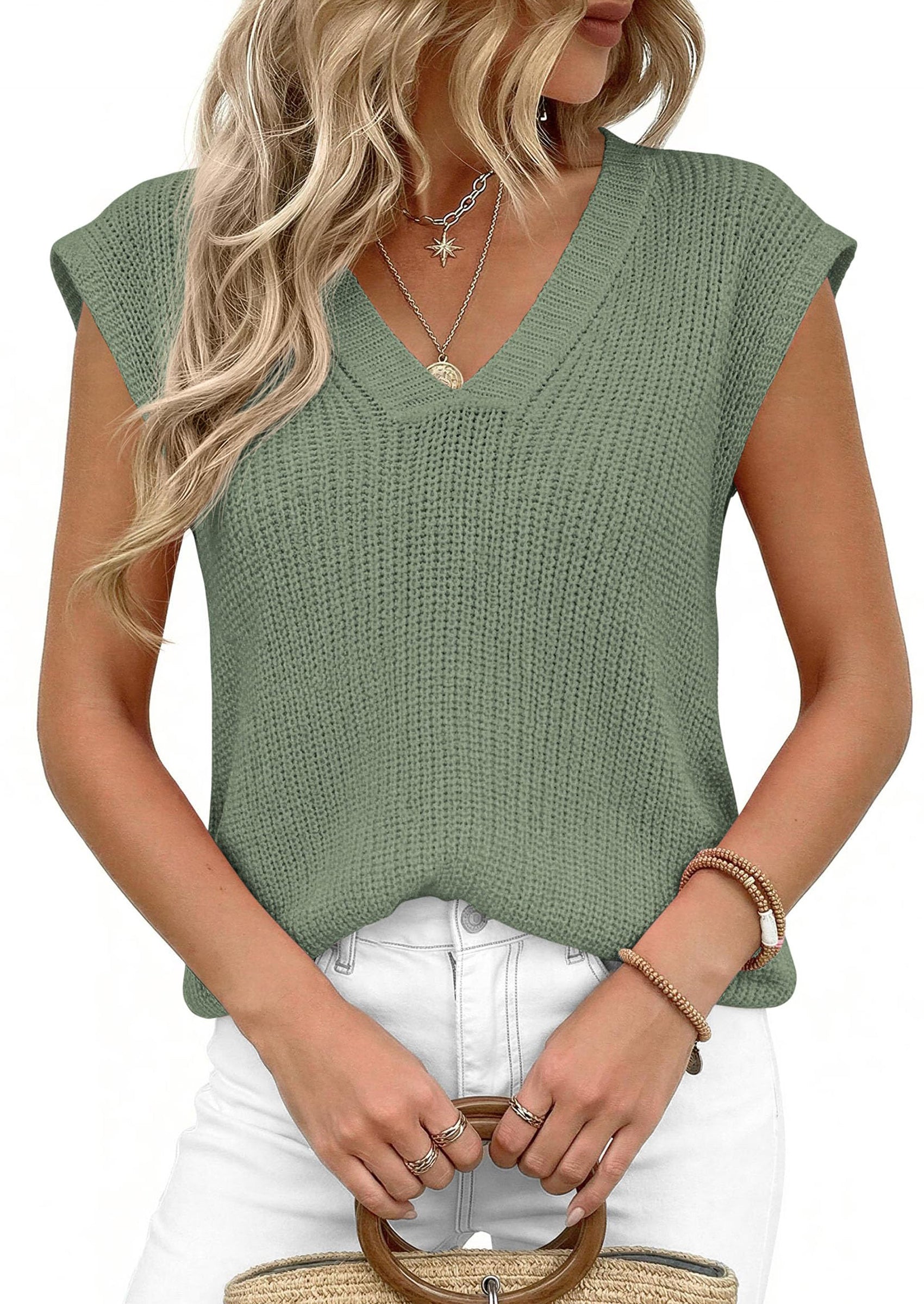 PRETTYGARDEN Women's Lightweight Sweaters Vest Spring Trendy Cap Sleeve V Neck Knit Tank Tops Summer Going Out Outfits PRETTYGARDEN