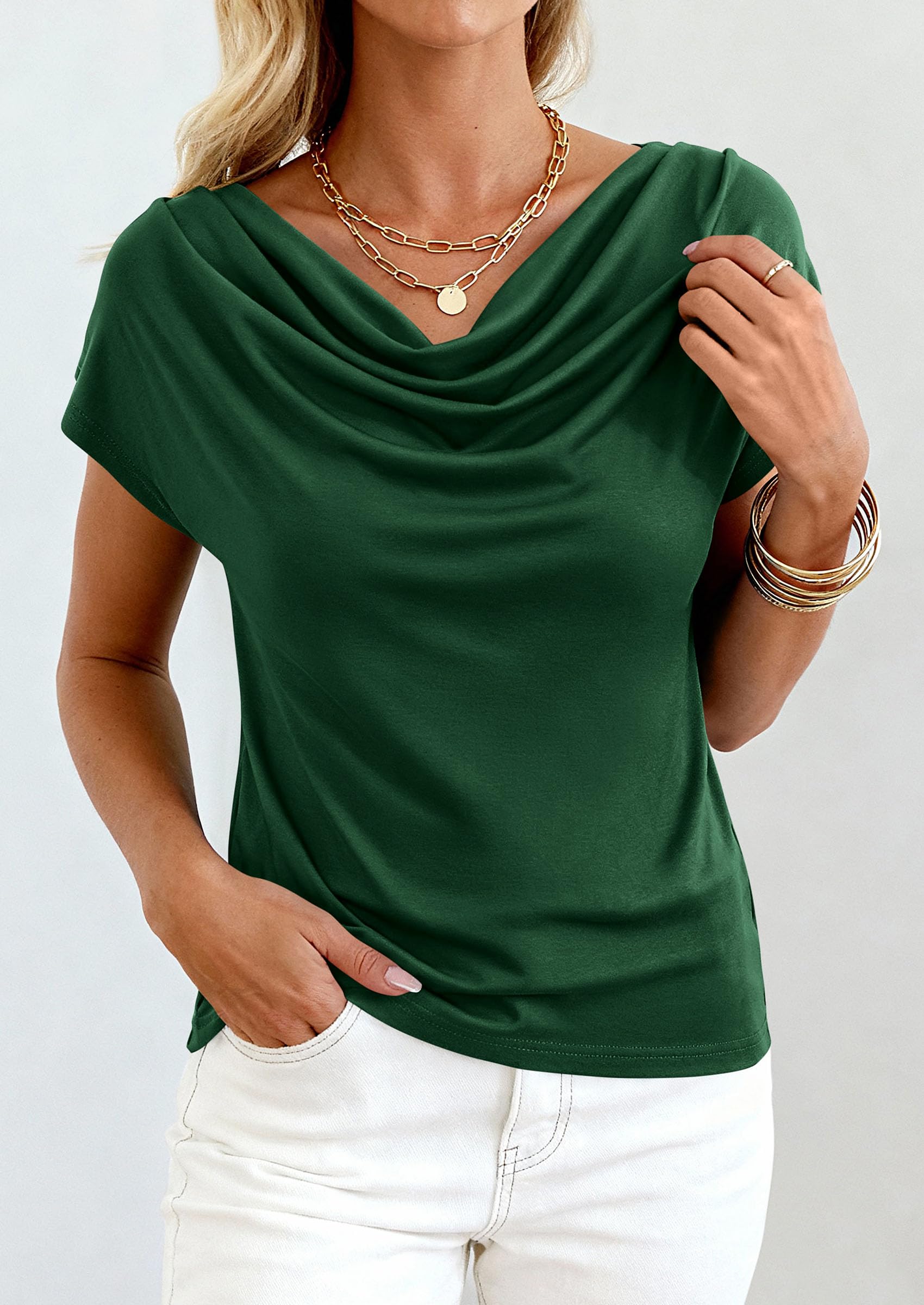 PRETTYGARDEN Blouses for Women Dressy Casual 2026 Summer Cowl Neck Short Sleeve Tops Spring Work Office Teacher Shirts PRETTYGARDEN