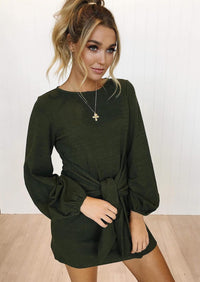 PRETTYGARDEN Womens Fall Elegant Long Lantern Sleeve Short Dress Wedding Guest Crewneck Tie Waist Knit Cocktail Dresses PRETTYGARDEN