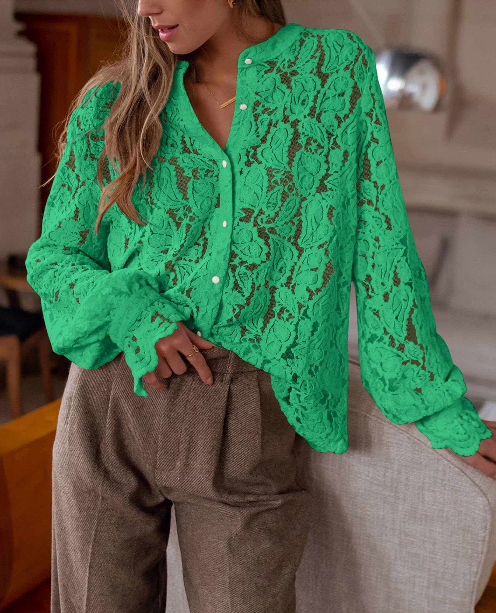 PRETTYGARDEN Women's Dressy Casual Lace Blouse Long Sleeve Button Up Shirts Tops Spring Fall Fashion Clothes