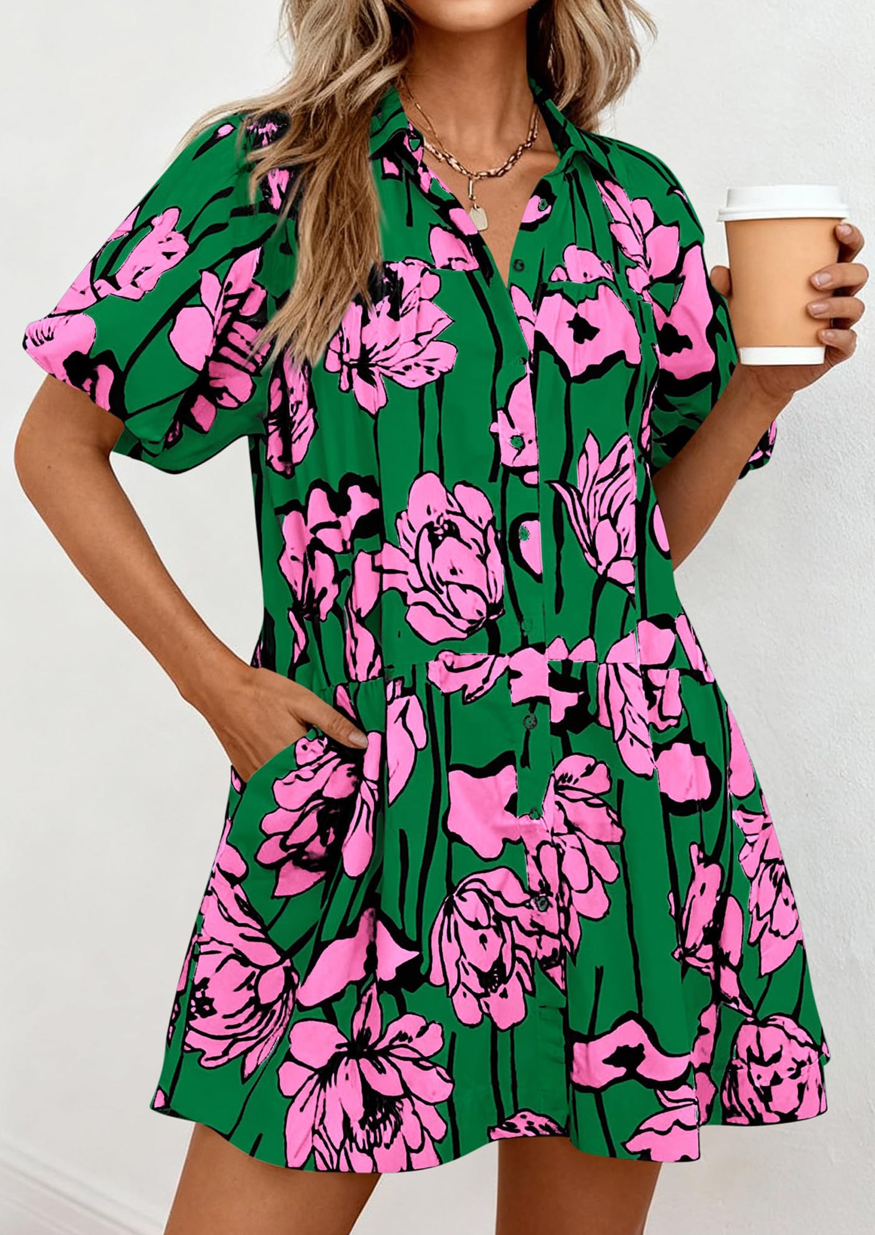PRETTYGARDEN Womens Summer Dresses 2026 Casual Puff Sleeve Button Down Mini Shirt Dress Boho Floral Babydoll Sun Dress PRETTYGARDEN