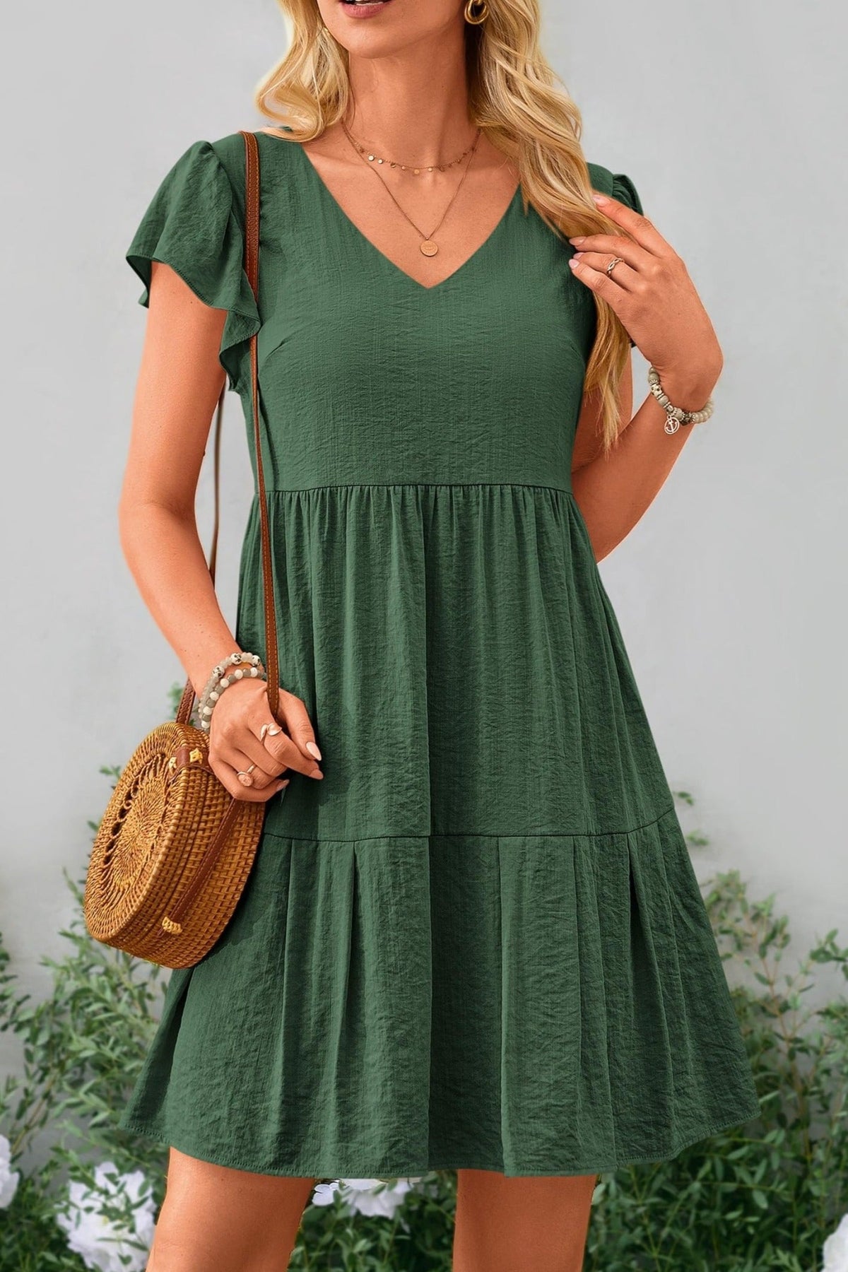 Summer Casual Cap Sleeve V Neck Tiered Ruffle Swing A Line Dresses