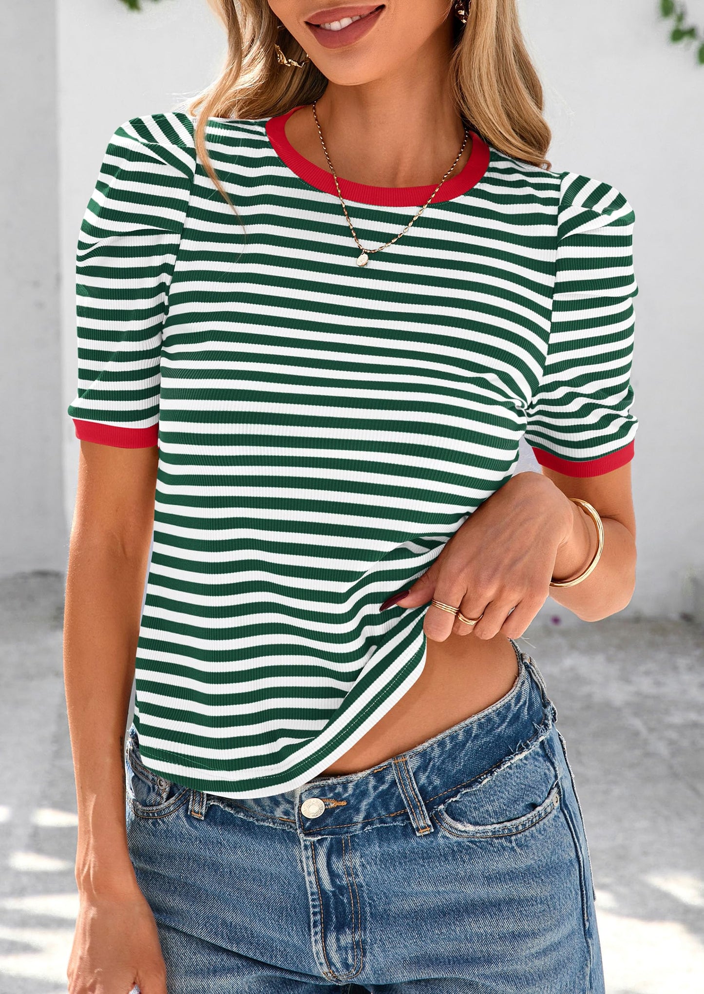 Women's Summer Puff Sleeve Tops Casual Ribbed Knit Color Block T Shirts Trendy Striped Pullover Tops