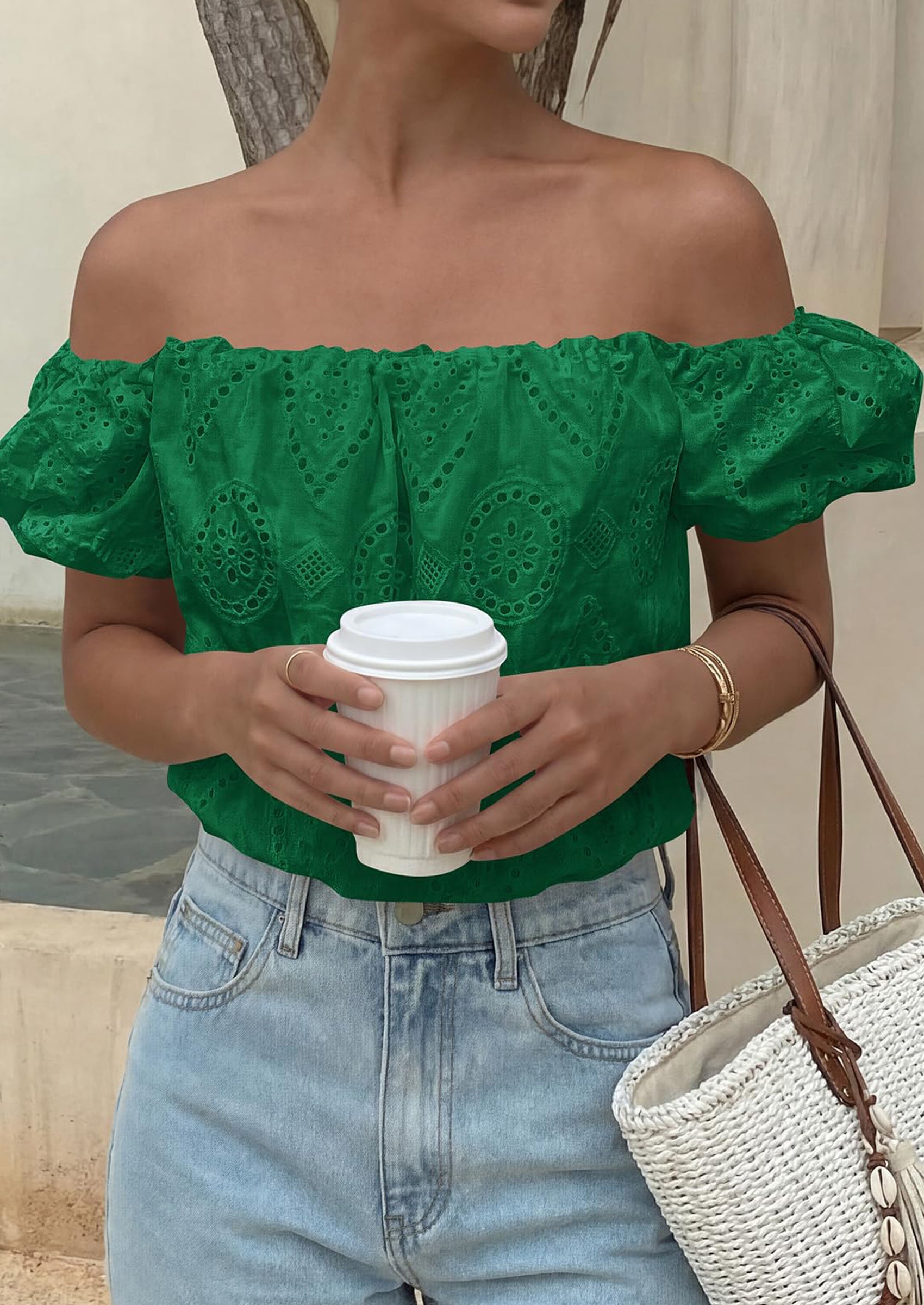 PRETTYGARDEN Women's Summer Off The Shoulder Tops Dressy Casual Puff Short Sleeve Embroidered Eyelet Cute Blouse Shirts PRETTYGARDEN