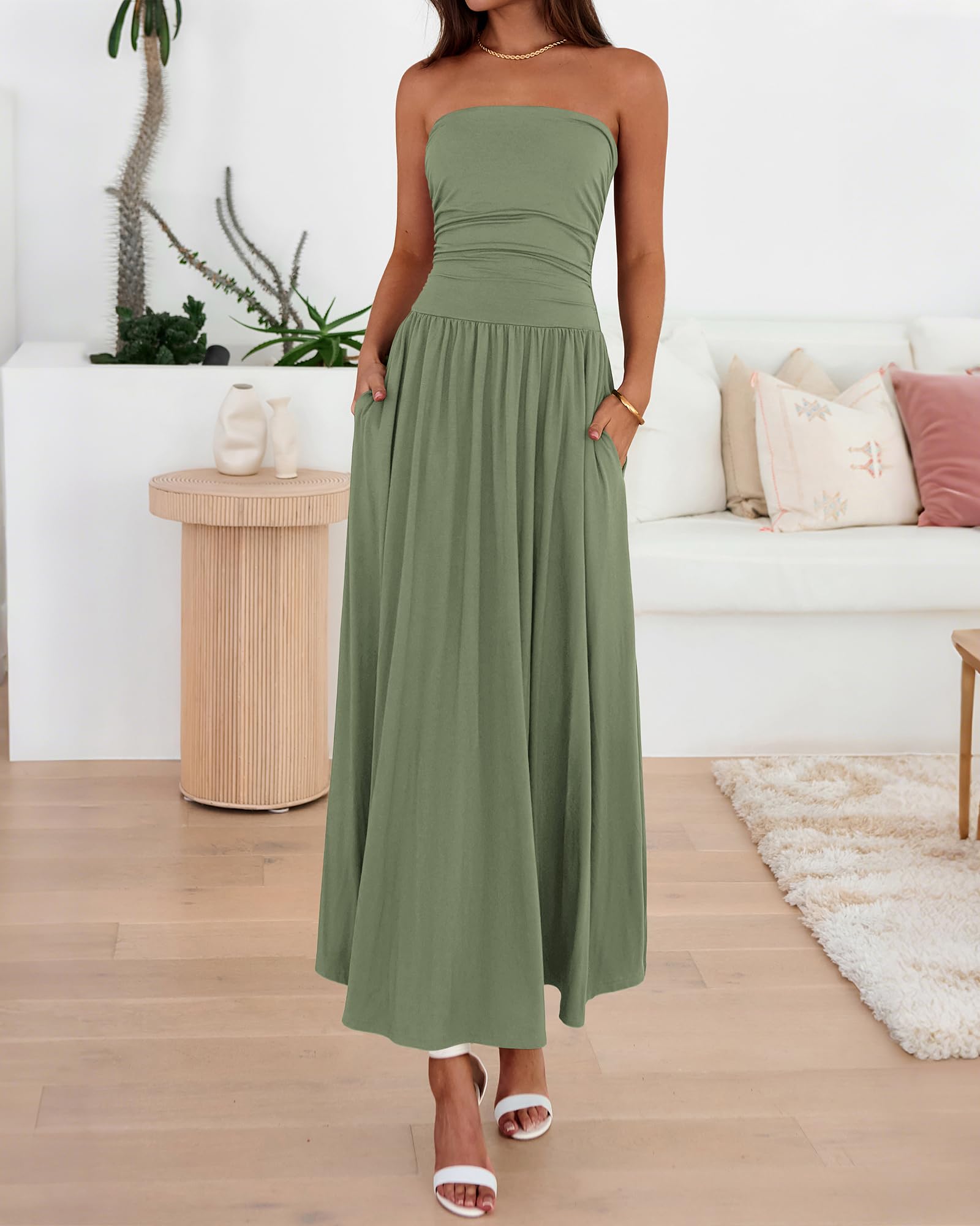 BTFBM Summer Maxi Dresses for Women Strapless Ruched Tube Top Beach Vacation Spring Wedding Guest Dress Pockets PRETTYGARDEN